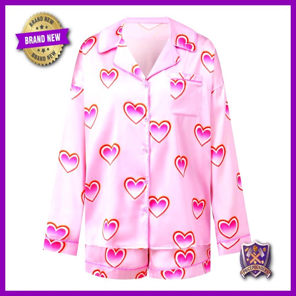 Women's Long Sleeve Button Down Pajama Set, Heart Print, Polyester, Small